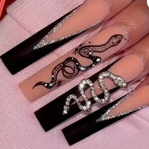 24 pcs Black French Snakes Rhinestone Coffin Square Ballet Press On Nails NIB